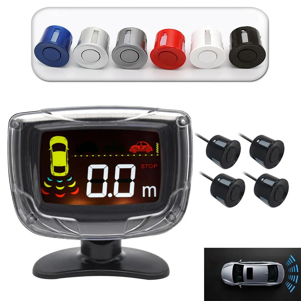 Wireless vehicle reversing sensor kit with digital display unit, four ultrasonic probes, and installation tools.