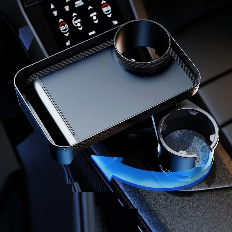 Black ABS plastic car cup holder with 360-degree rotating dinner plate on vehicle dashboard