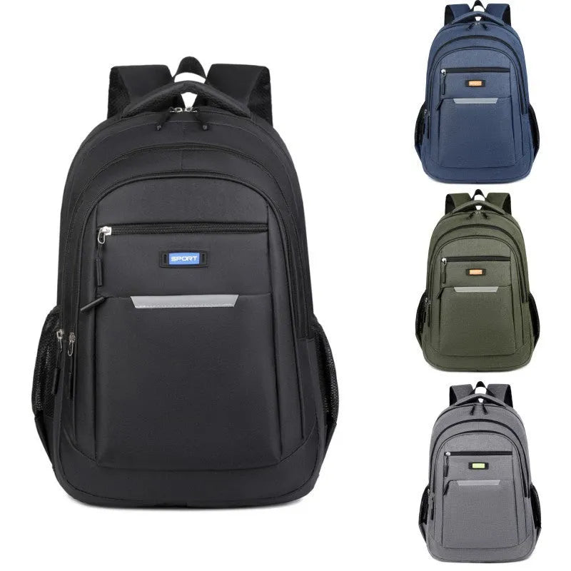 Casual men's Oxford cloth backpack in black, shown with a breathable back panel and polyester lining.