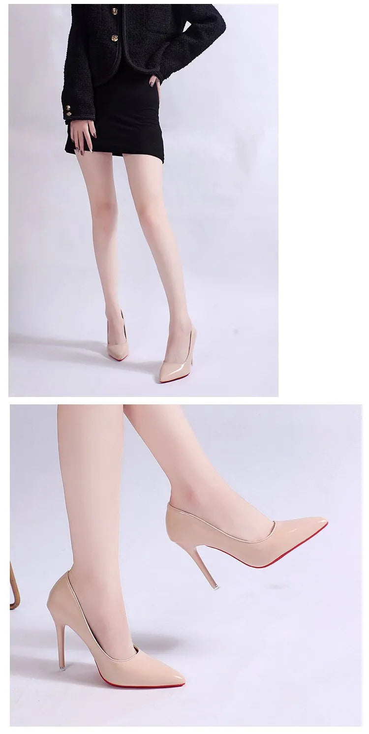 Women's solid colour stiletto heel pumps with pointed toe and shallow cutout design