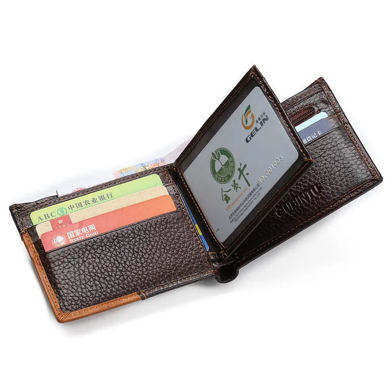 Men's soft leather three-fold wallet with personality stitching and multiple internal compartments