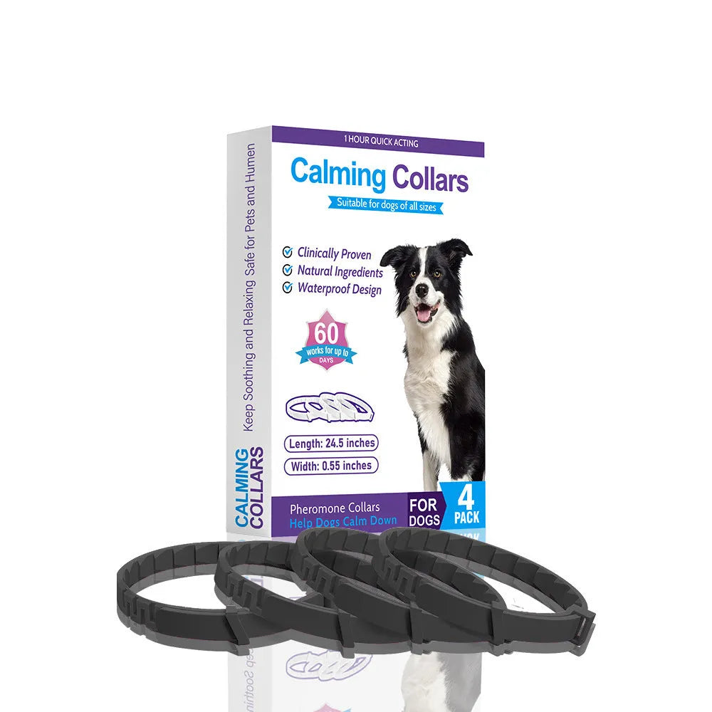 Pack of four monochrome coloured TPR dog anxiety relief collars with adjustable 62cm sizing.