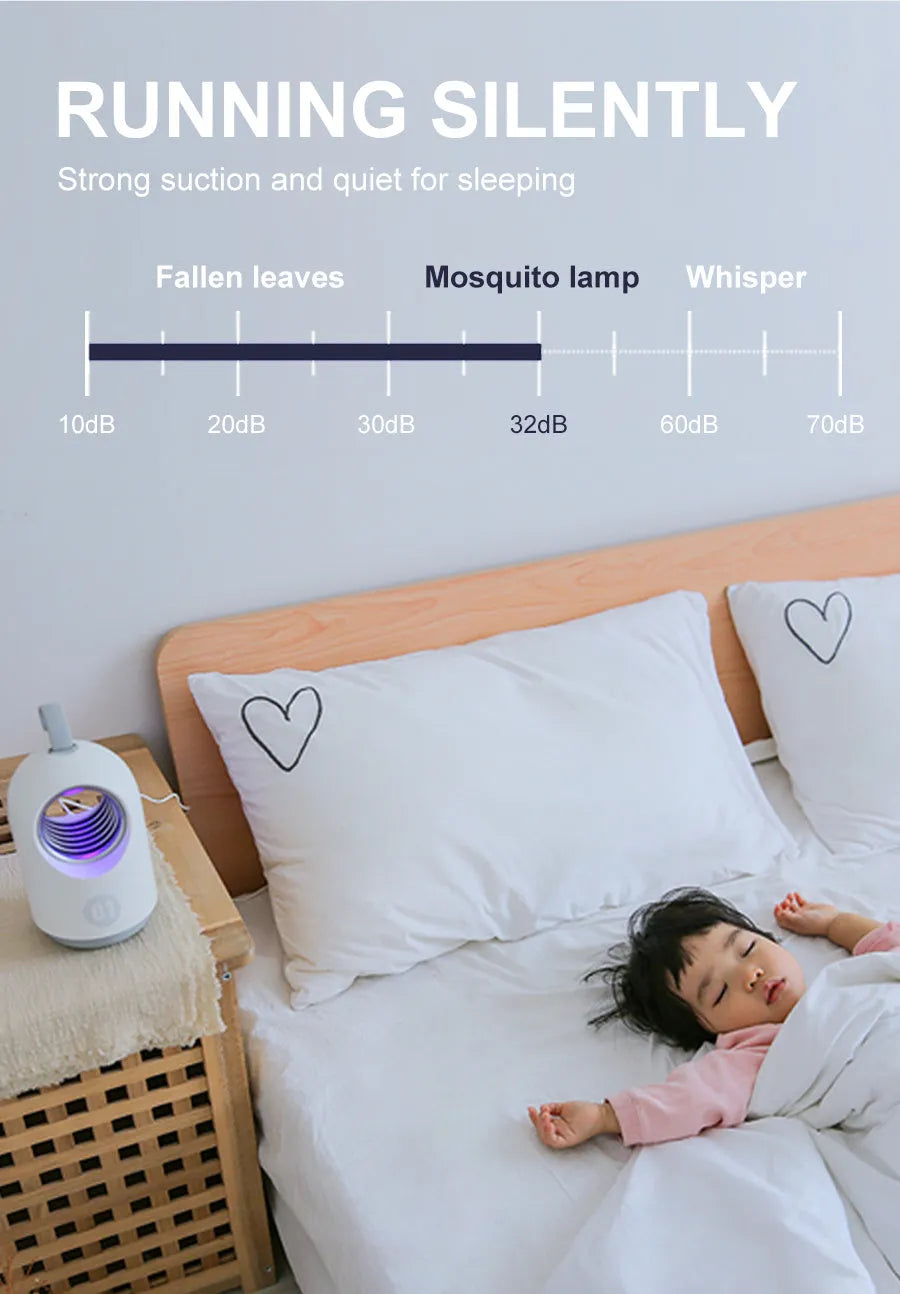White indoor mosquito killer lamp with blue accents, showing top silicone handle and UV light grid.