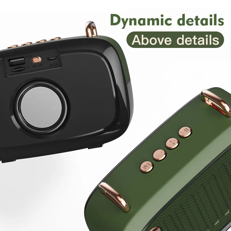 Compact portable mini speaker in various colours showing front grille and control buttons.