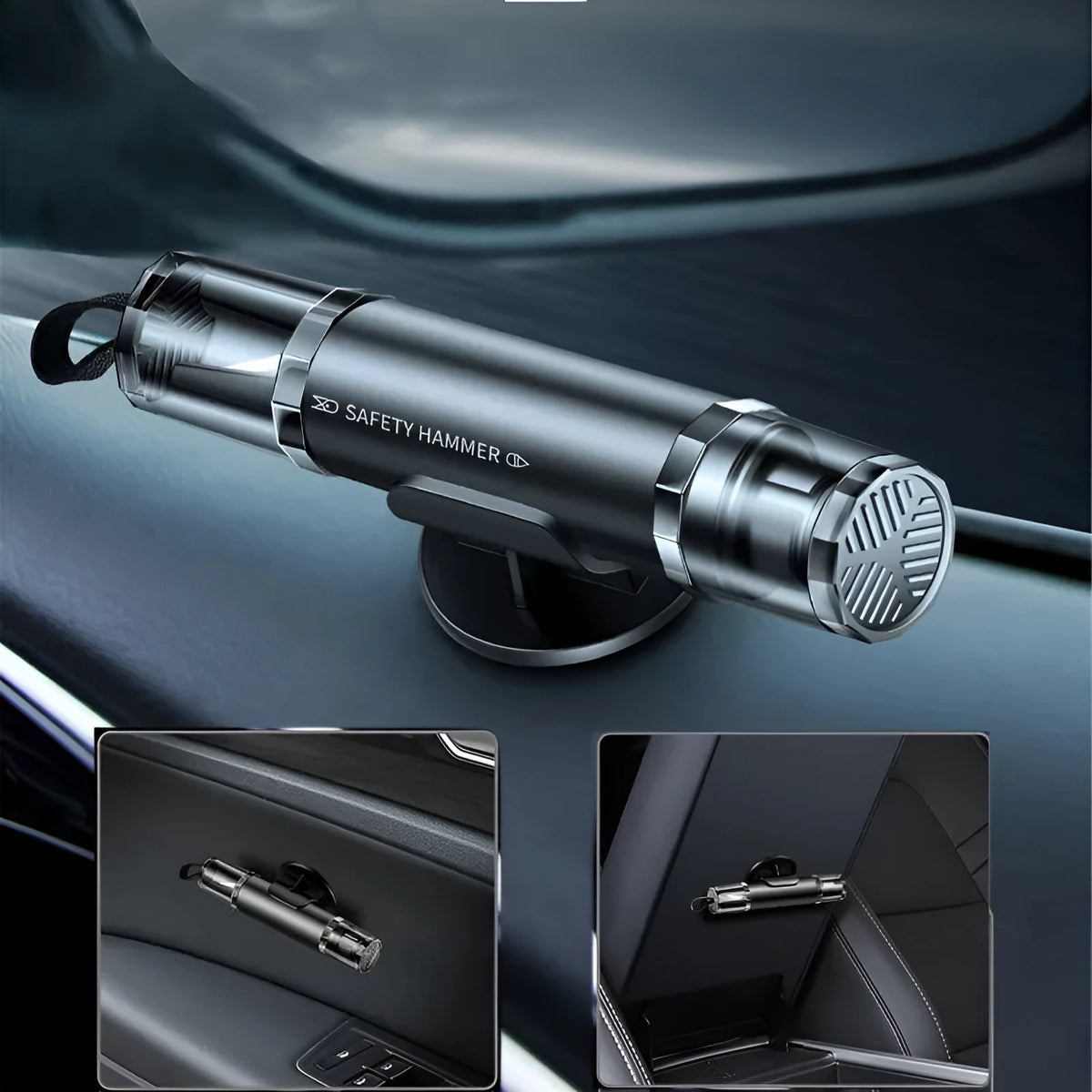 Black and red car safety hammer with tungsten steel window breaker tip and hidden seat belt cutter
