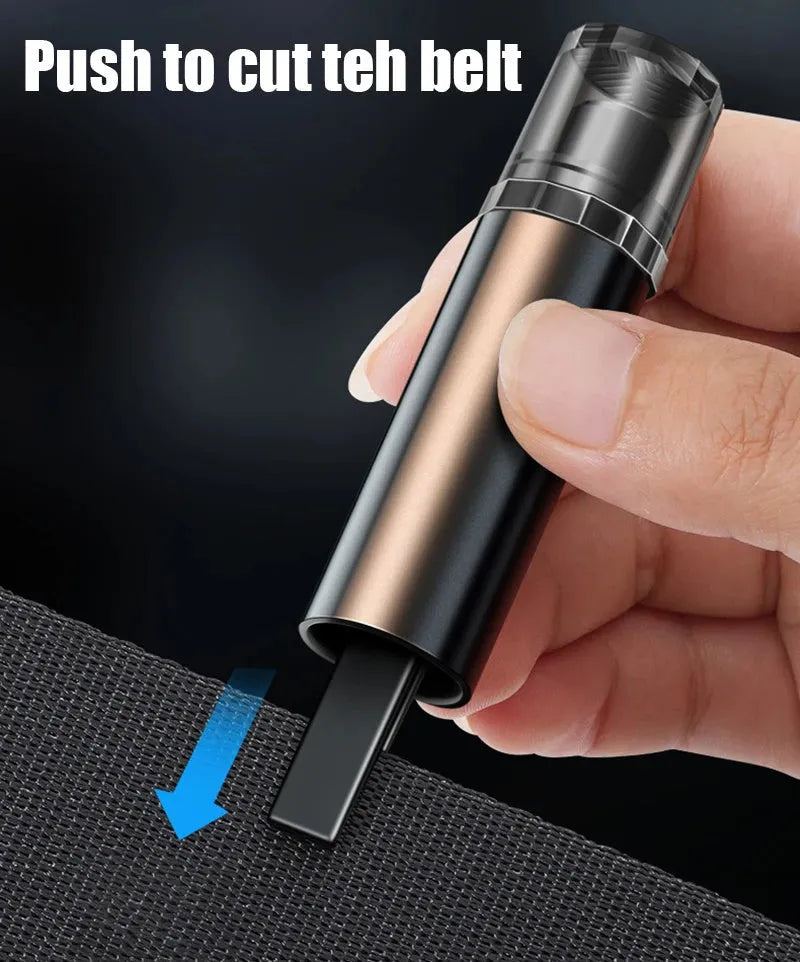 Black and red car safety hammer with tungsten steel window breaker tip and hidden seat belt cutter