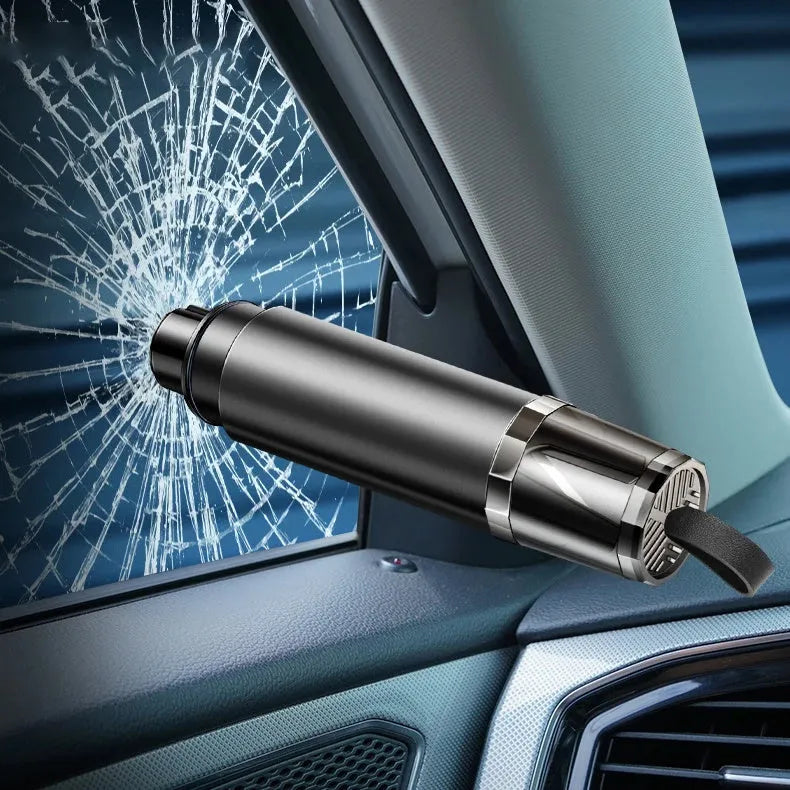 Black and red car safety hammer with tungsten steel window breaker tip and hidden seat belt cutter