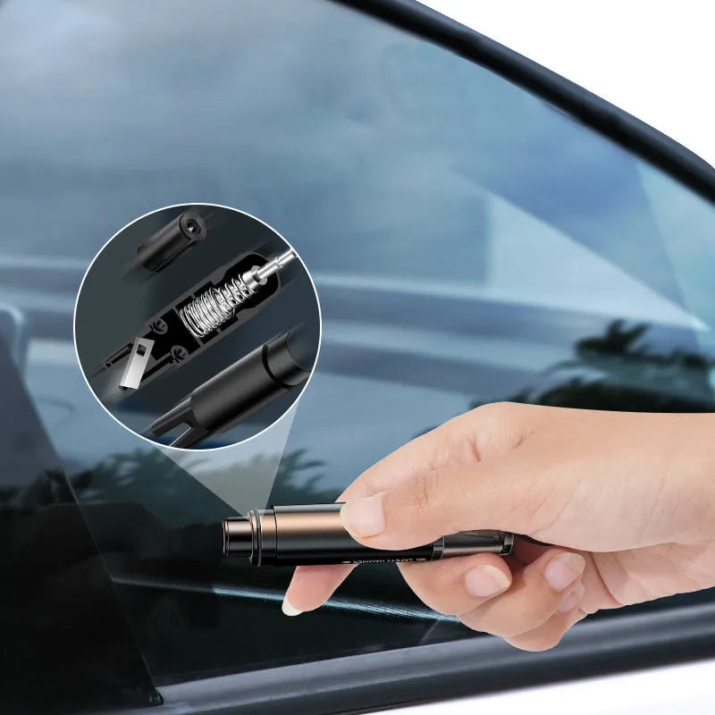 Black and red car safety hammer with tungsten steel window breaker tip and hidden seat belt cutter