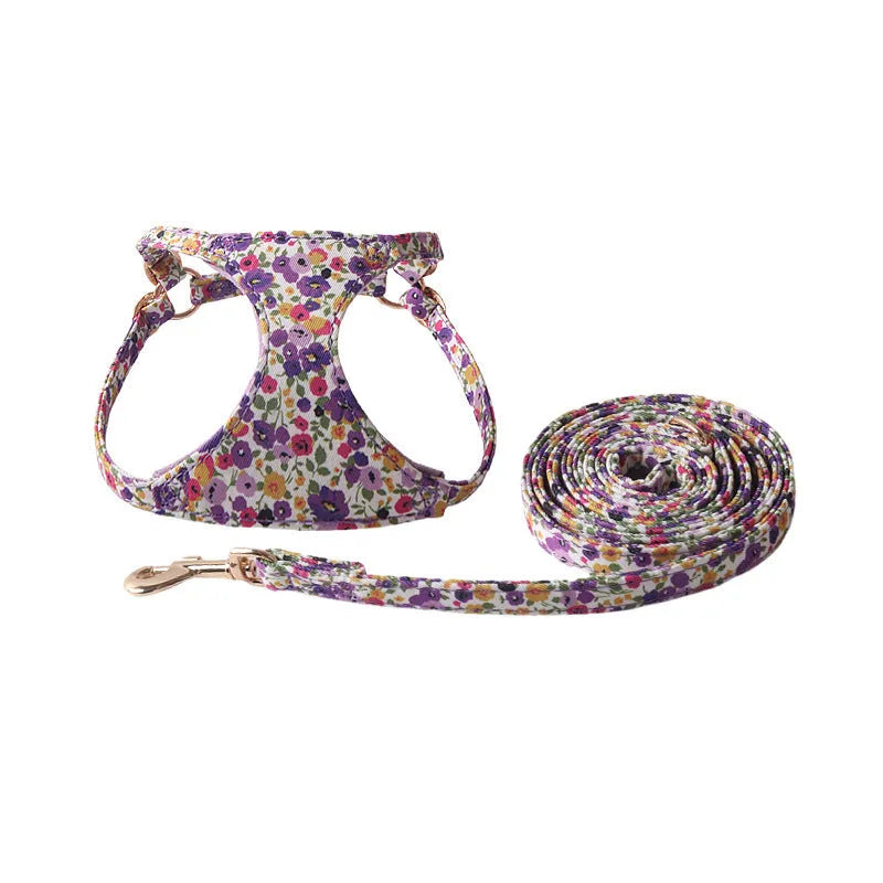 Floral cloth pet harness and leash set for small dogs in multiple colour options
