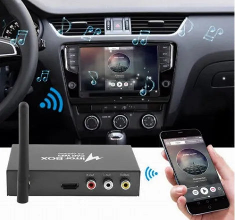 Black car mirror link box Wi-Fi converter with power cable, antenna, AV cable and user manual
