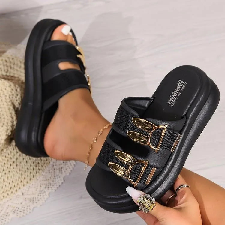 Women's thick bottom slippers in apricot colour with suede upper and rubber sole