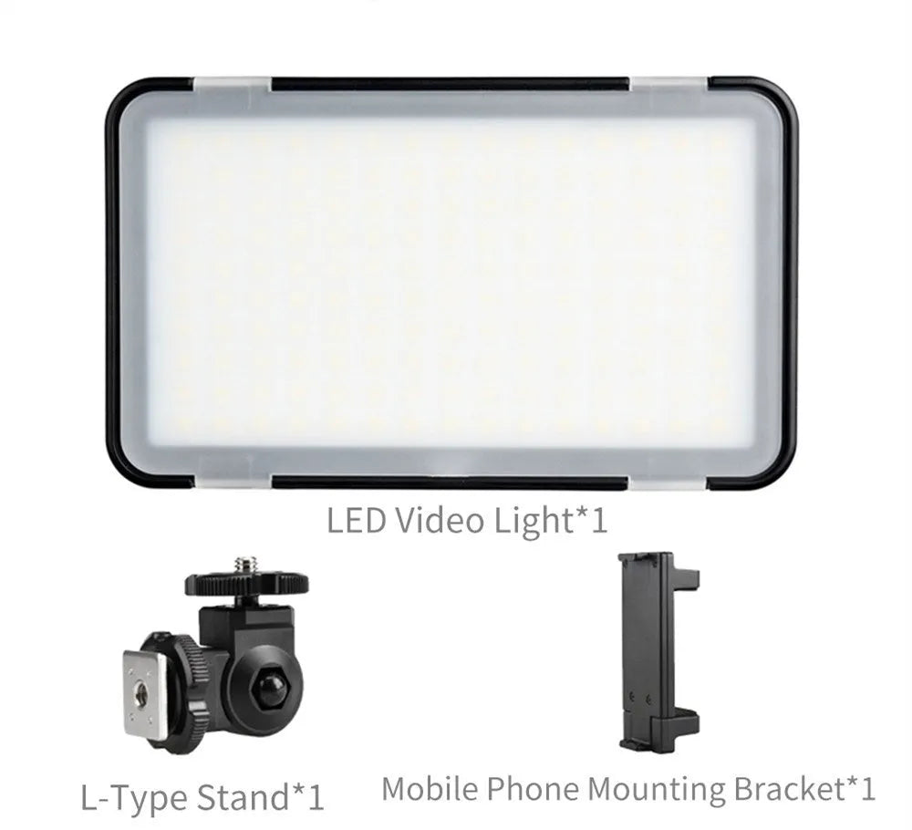Shenniu M150 ultra-thin silver aluminium LED video light mounted on a mobile phone.