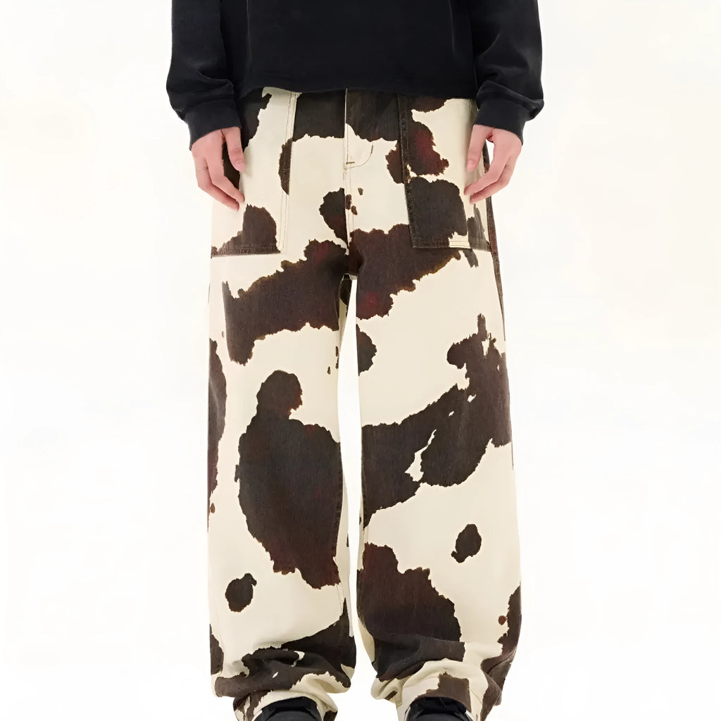 Men's straight-leg trousers with American retro cows pattern in 7698 cow colour