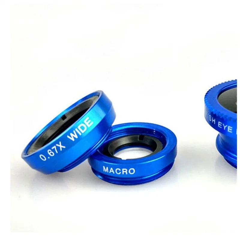 Three-part smartphone lens kit showing fisheye, wide angle, and macro lenses with aluminium housing