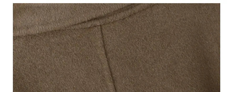 A long caramel-coloured wool coat for men with a formal suit-style collar laid flat.