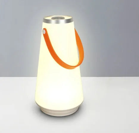White rechargeable LED bedside lamp with USB charging cable showing dimensions 12x12x22cm