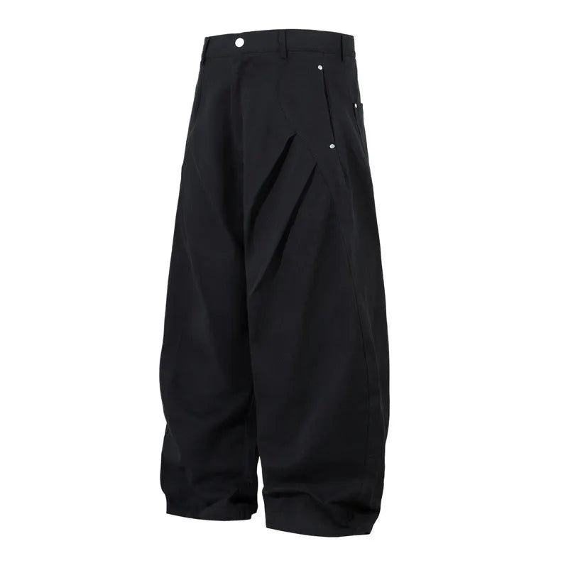 Men's black pleated machete casual trousers with loose-fitting wide-leg design and cotton construction