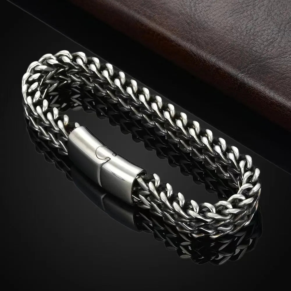 Silver stainless steel geometric hip hop bracelet showing front and back matching design