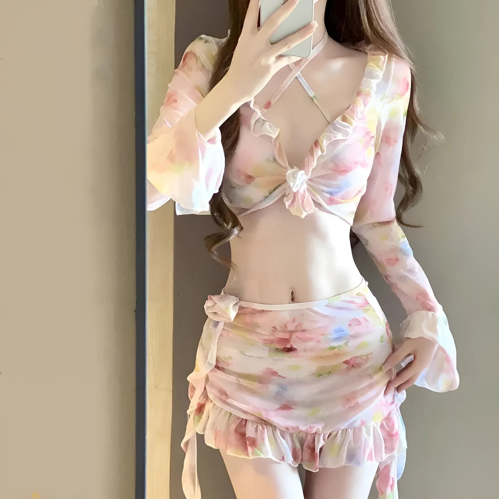 Women's cherry blossom pink floral bikini swimsuit set on a mannequin, showing front and back views.