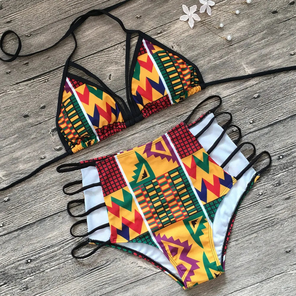 Women's digital print high-waisted bikini swimsuit with backless top and quick-dry fabric.