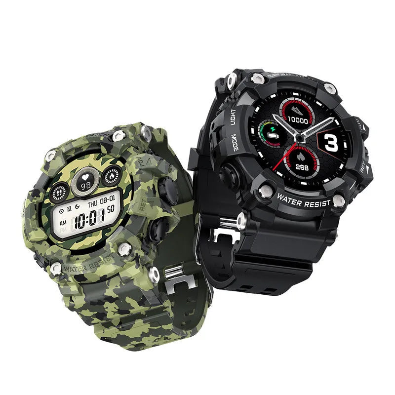 Tactical smart watch with 1.3-inch screen, alloy case, and black wristband on display
