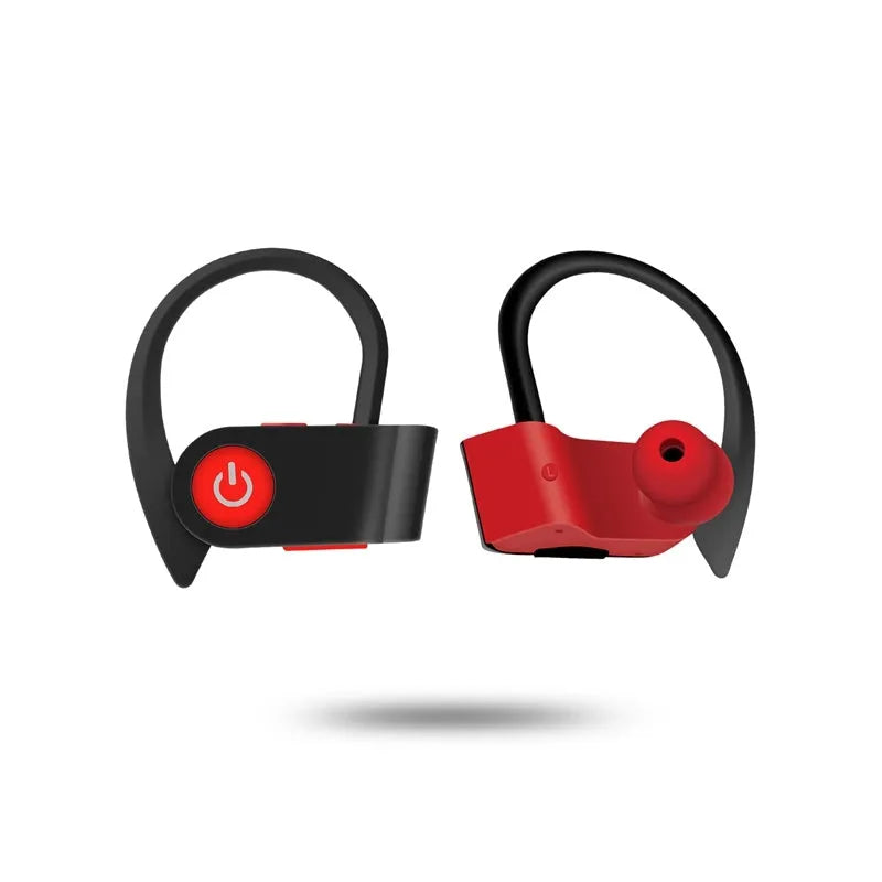 Black wireless Bluetooth earphones with an ergonomic design shown on a grey background.