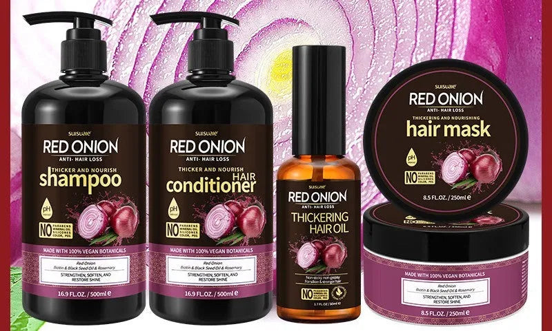 Red onion shampoo and conditioner full set with four bottles: shampoo, conditioner, hair mask and essential oil.
