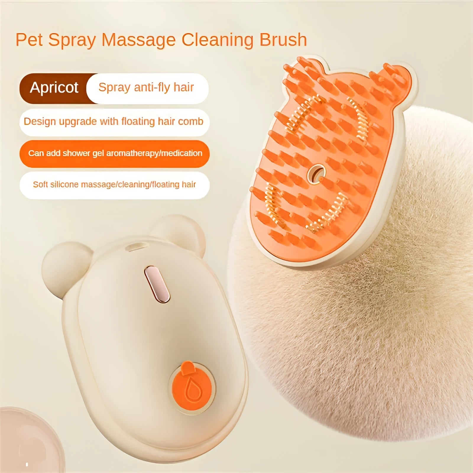 Pink and yellow rechargeable 3-in-1 pet grooming comb with spray function and massage teeth.