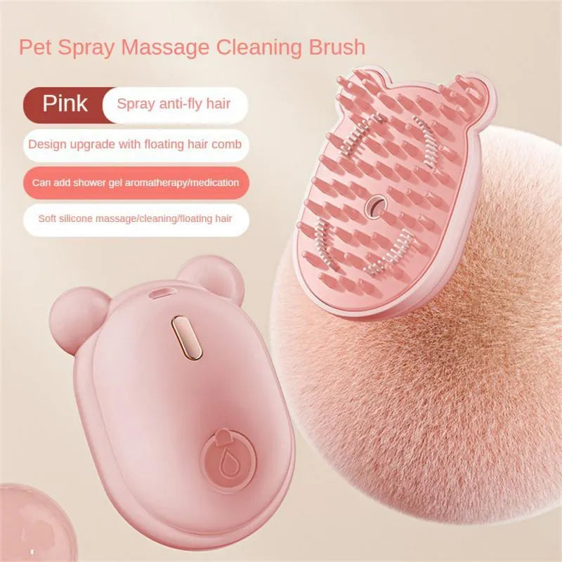 Pink and yellow rechargeable 3-in-1 pet grooming comb with spray function and massage teeth.