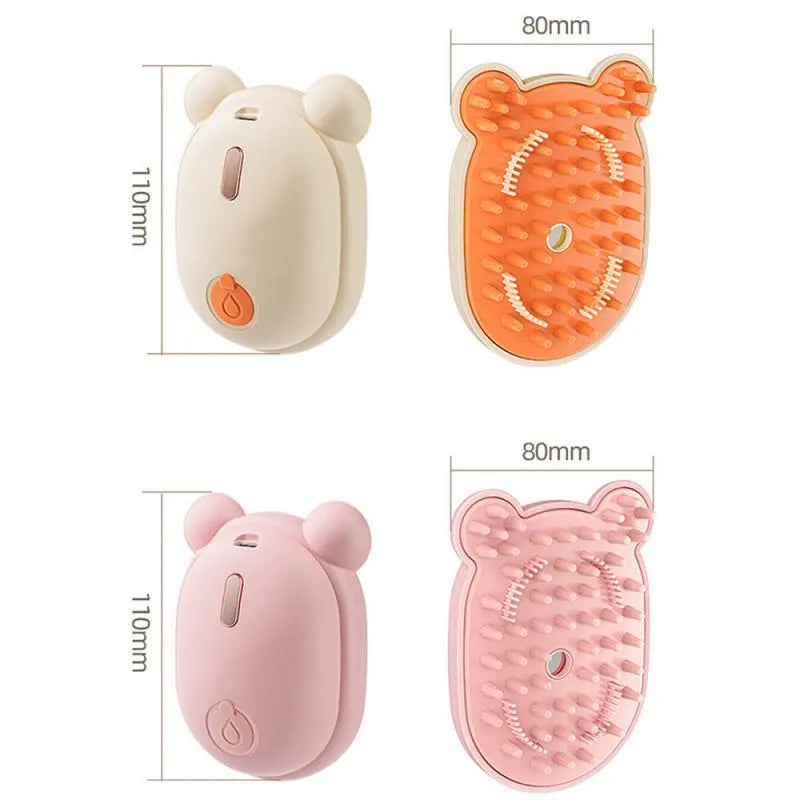 Pink and yellow rechargeable 3-in-1 pet grooming comb with spray function and massage teeth.