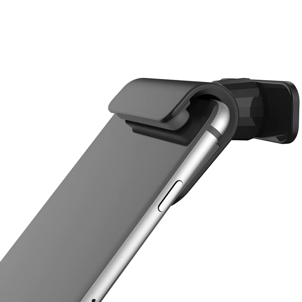 Black universal car phone holder with 360-degree rotating head on dashboard