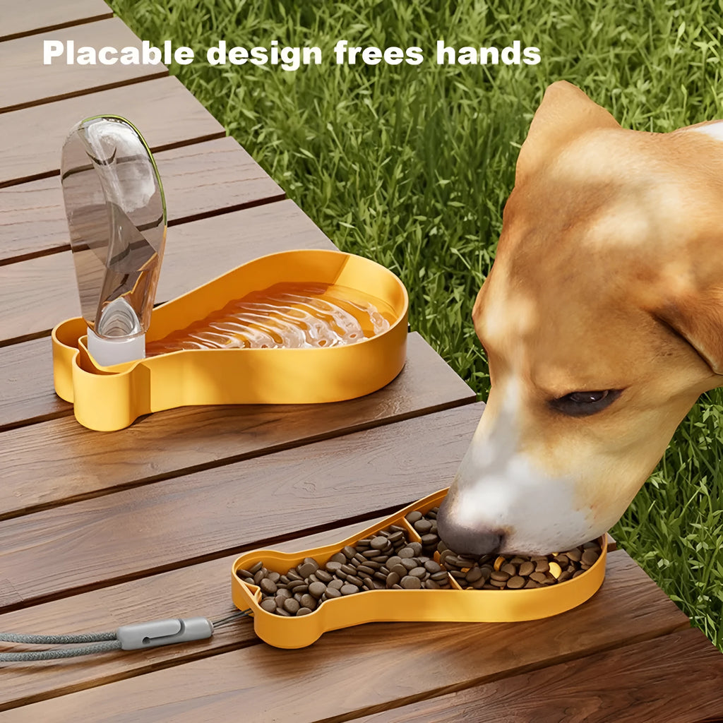 Portable pet water bottle with orange and white colour options showing water and food compartments
