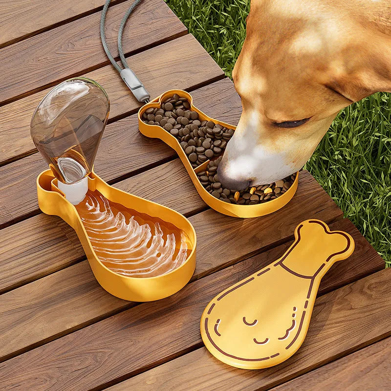 Portable pet water bottle with orange and white colour options showing water and food compartments