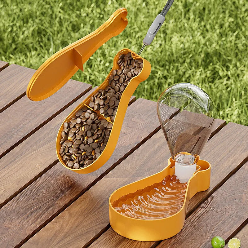 Portable pet water bottle with orange and white colour options showing water and food compartments