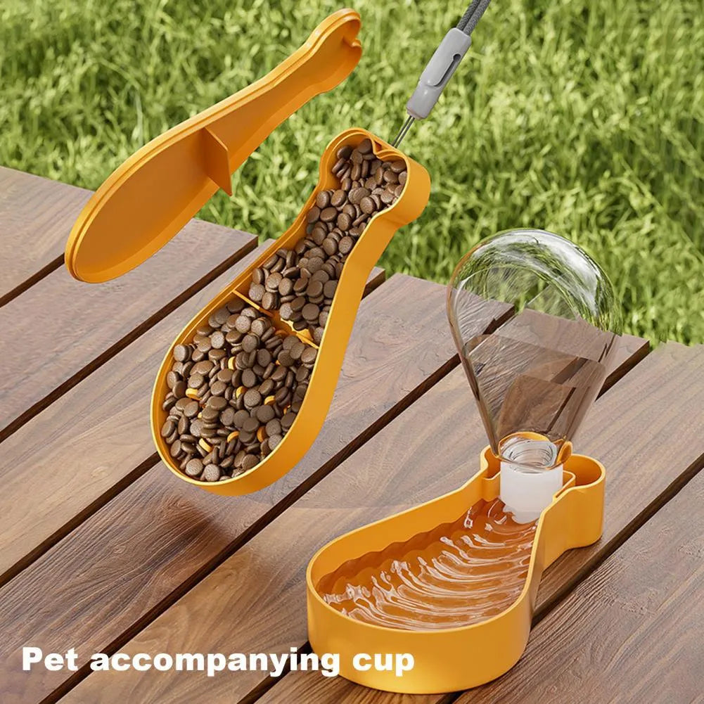 Portable pet water bottle with orange and white colour options showing water and food compartments