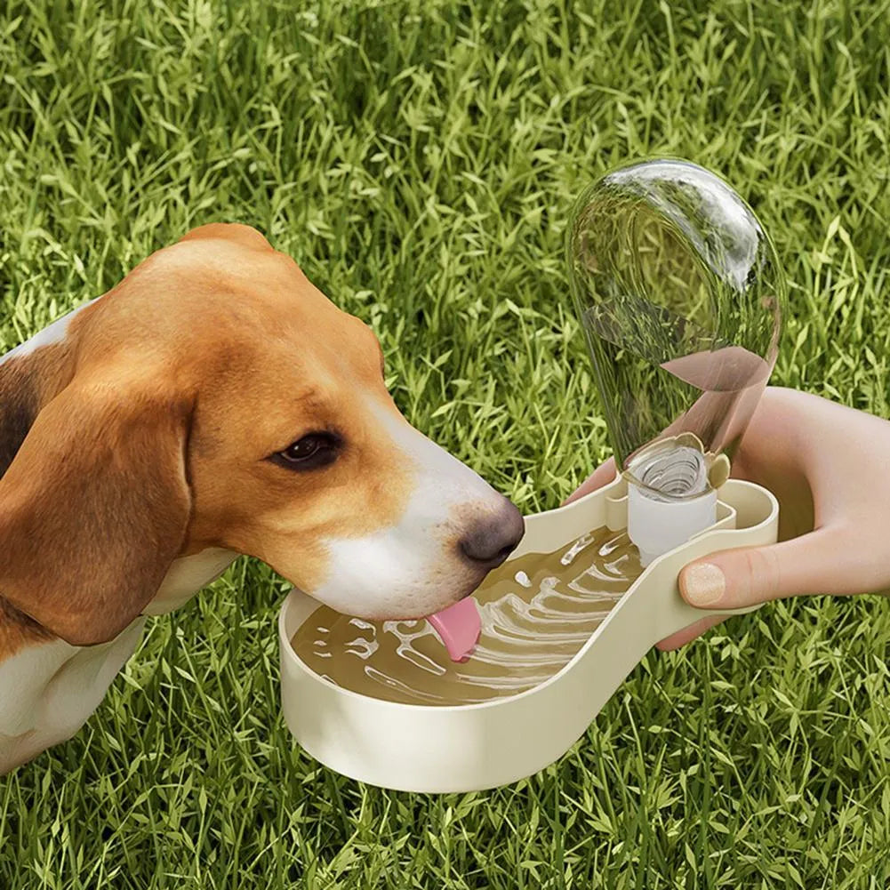 Portable pet water bottle with orange and white colour options showing water and food compartments