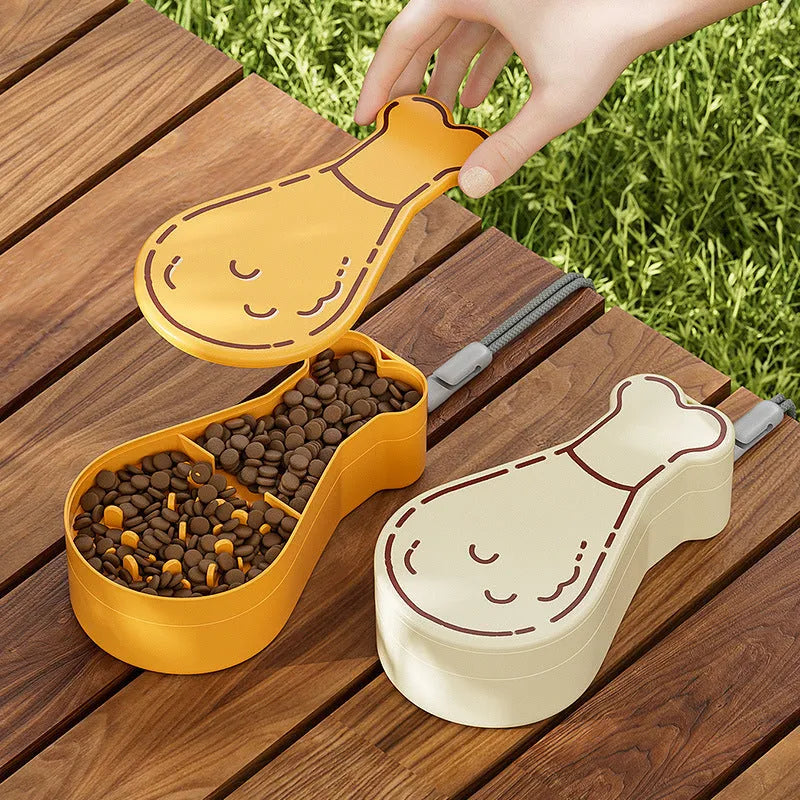 Portable pet water bottle with orange and white colour options showing water and food compartments