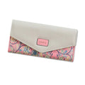 Women's black PU leather trifold wallet showing buckle closure and measuring 19.5cm