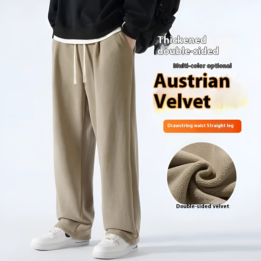 Men's apricot coloured loose-fit polar fleece winter trousers with a drawstring waist, shown flat.