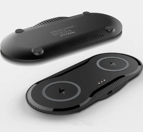 Black and white dual wireless charging pad for two phones with Type-C cable