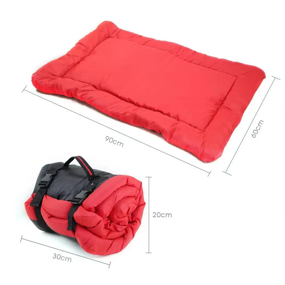 Blue foldable waterproof dog bed with nylon buckles, shown both open and compacted.