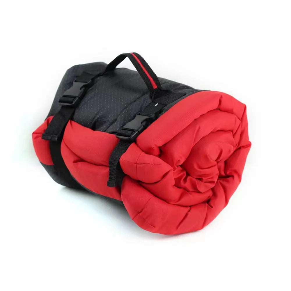 Blue foldable waterproof dog bed with nylon buckles, shown both open and compacted.