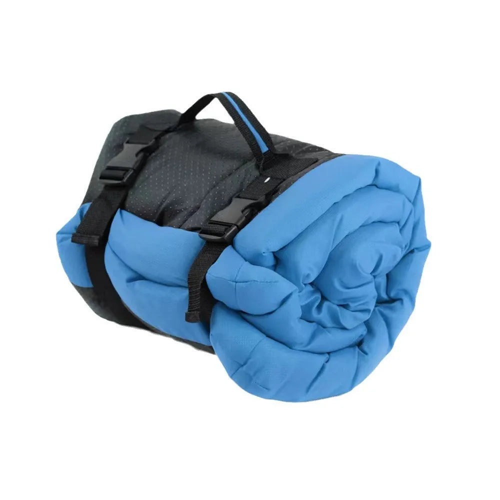 Blue foldable waterproof dog bed with nylon buckles, shown both open and compacted.