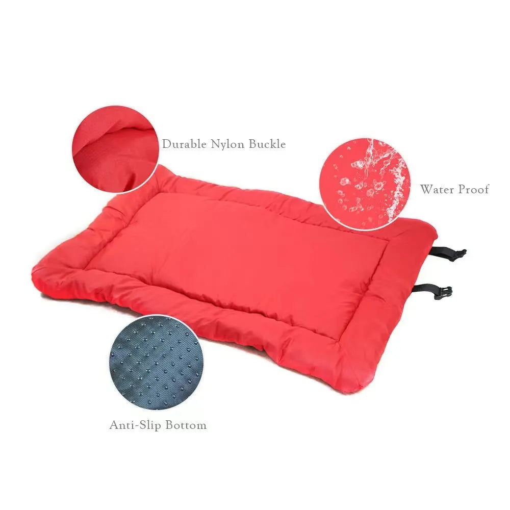 Blue foldable waterproof dog bed with nylon buckles, shown both open and compacted.