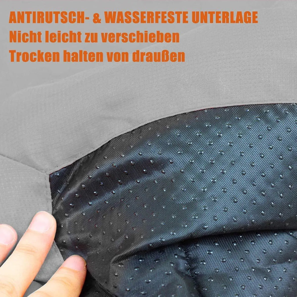 Blue foldable waterproof dog bed with nylon buckles, shown both open and compacted.