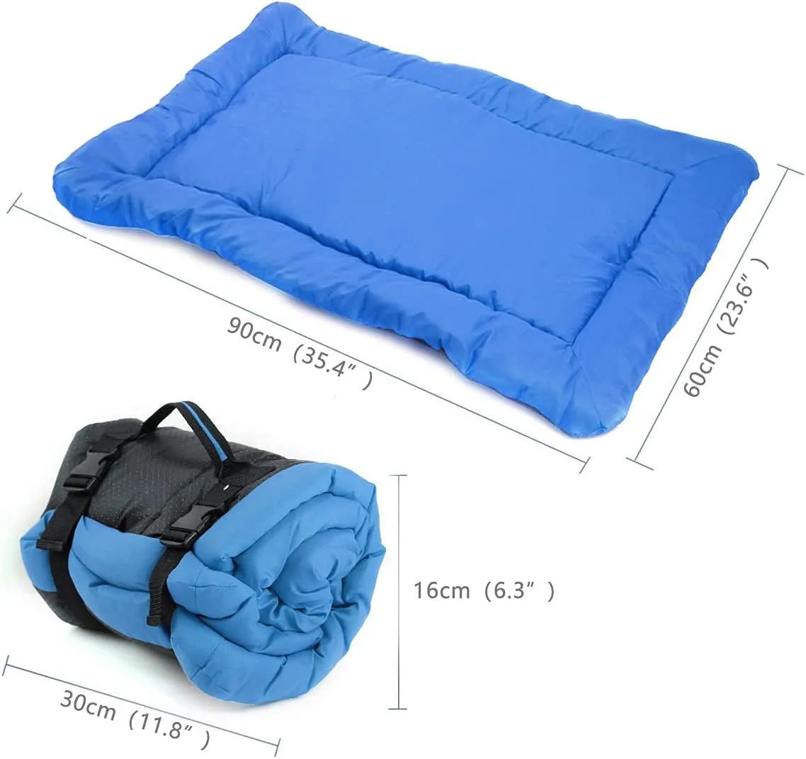 Blue foldable waterproof dog bed with nylon buckles, shown both open and compacted.