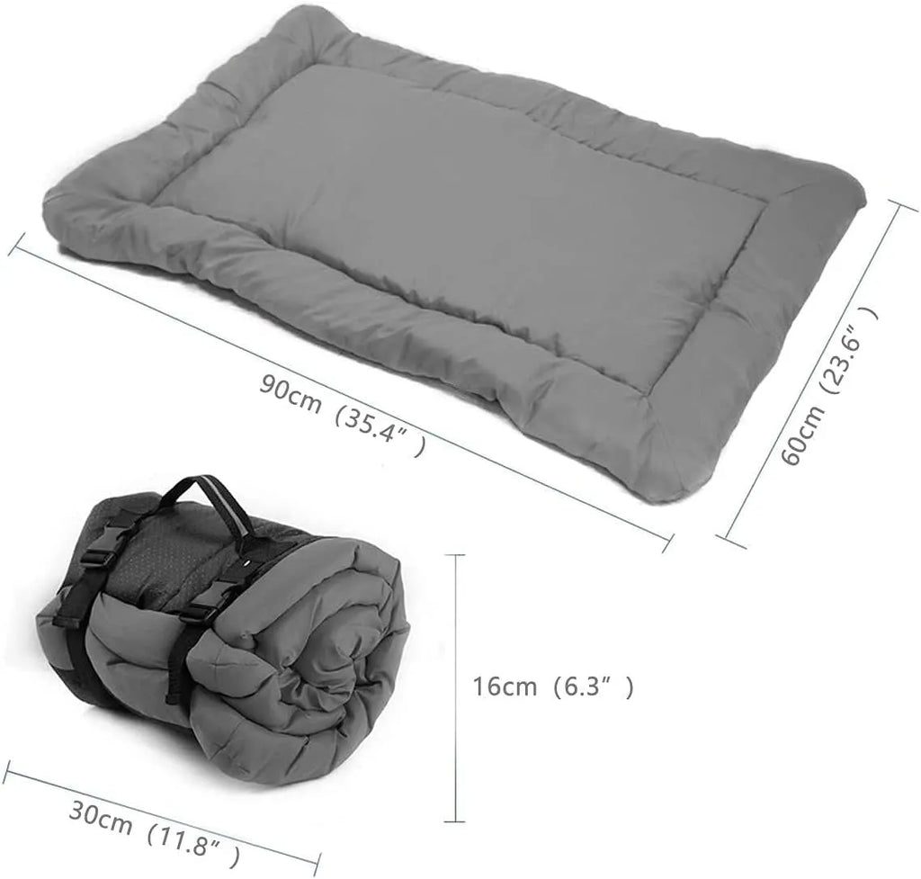 Blue foldable waterproof dog bed with nylon buckles, shown both open and compacted.