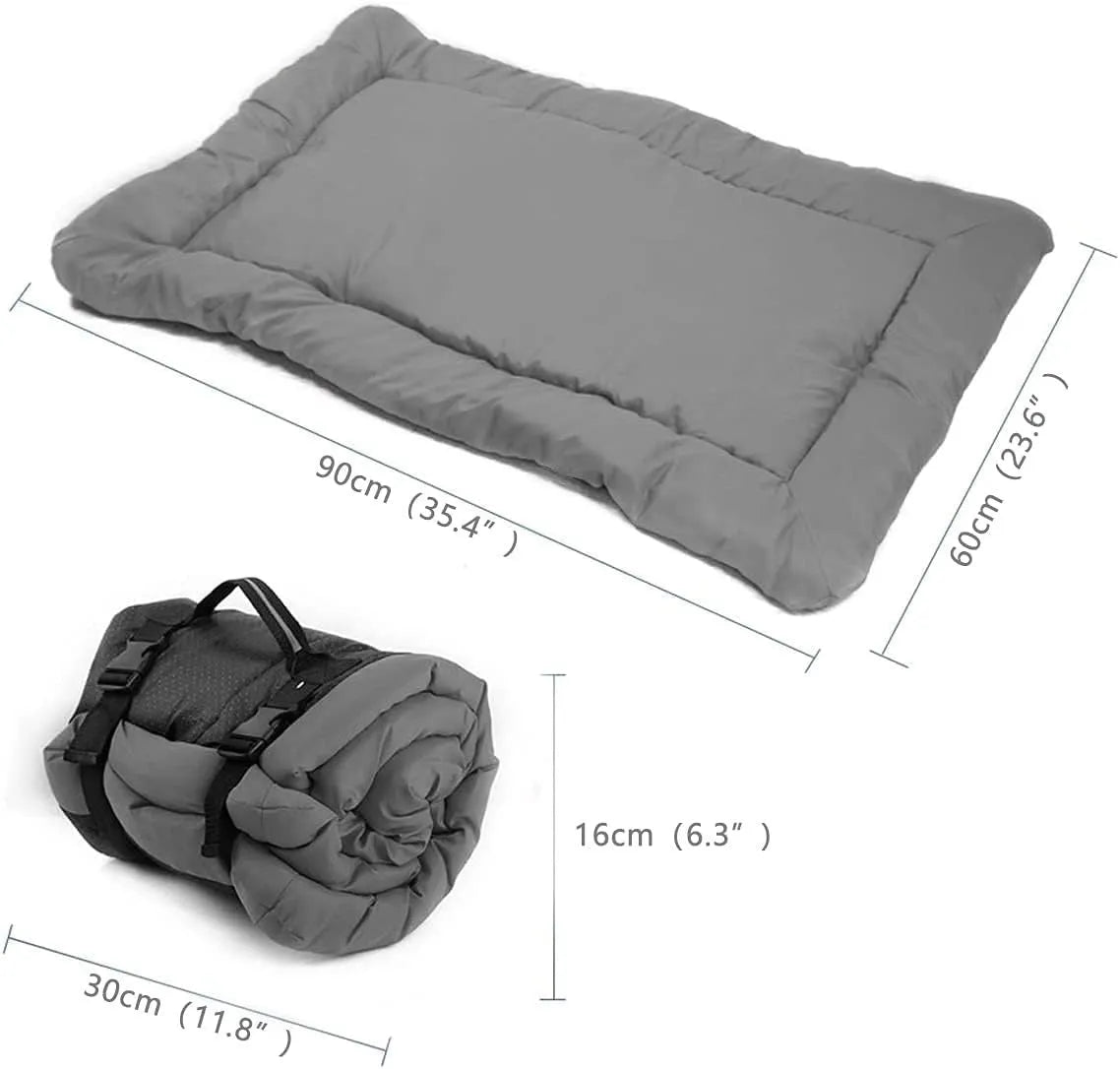 Blue foldable waterproof dog bed with nylon buckles, shown both open and compacted.