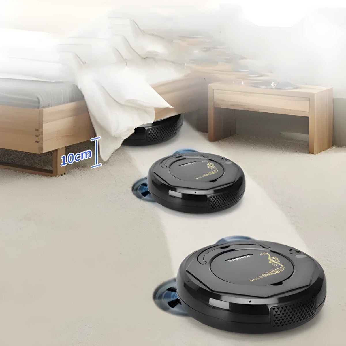 Blue robotic vacuum cleaner with 1800Pa suction for automated floor cleaning on flat surfaces