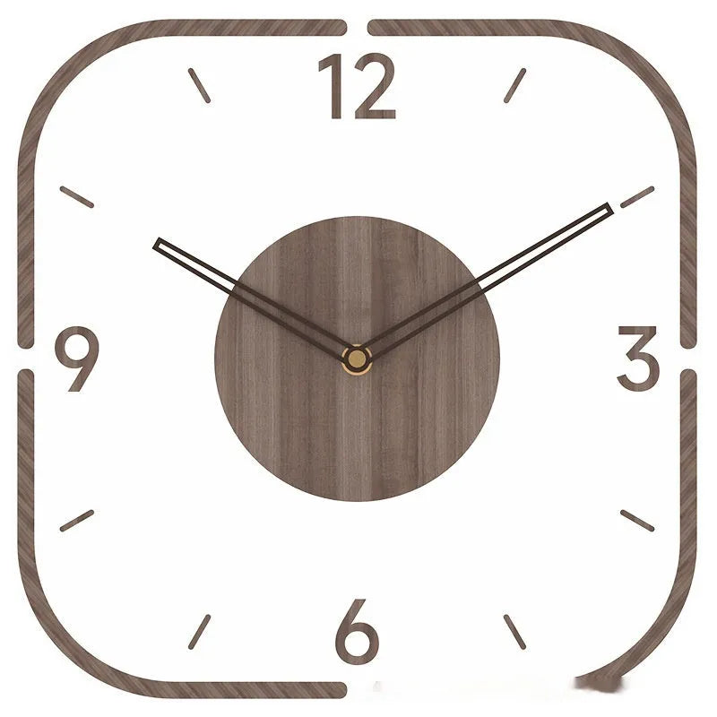 Modern round transparent wall clock with a wooden frame, measuring 35cm by 35cm.